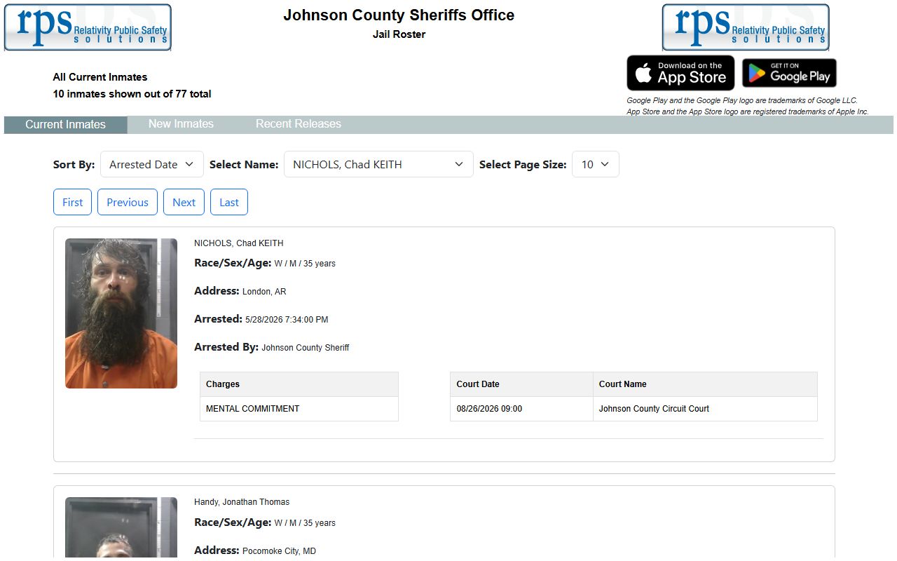 Johnson County inmate population roster with current inmates and booking fields